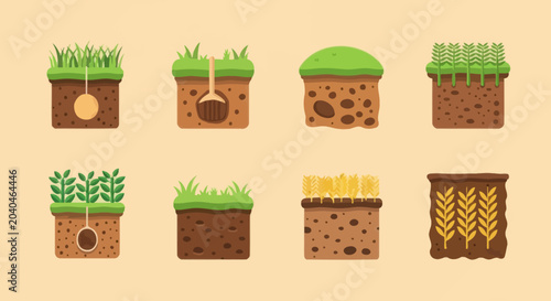 Set of cross-section soil layers with plants and roots in flat design style