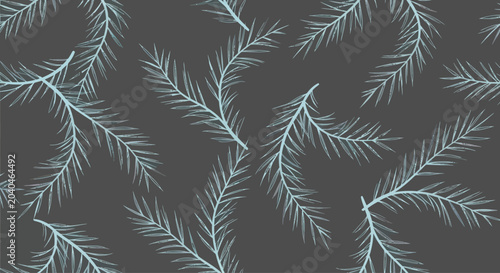 Seamless pattern of light blue pine branches on a dark grey background, graphic element