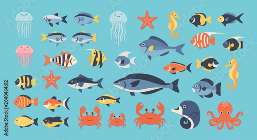 Ocean life collection with various sea creatures and fish in flat design style