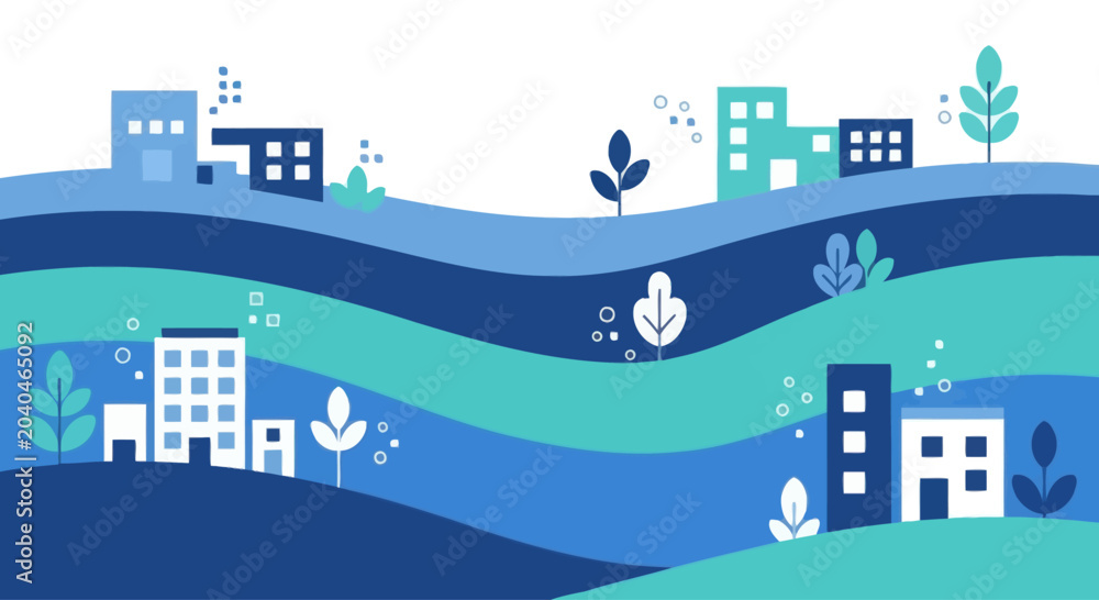 Naklejka premium Colorful flat design buildings on wavy blue and green background vector illustration