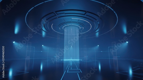 Sci-fi interior with a glowing energy beam in a circular room, blue lighting