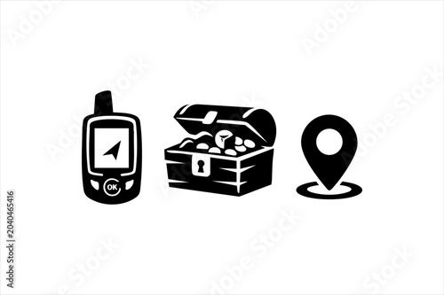 Outdoor activity and treasure hunting gear icons with navigator treasure location navigation adventure