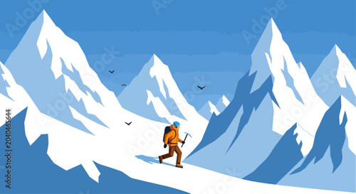 Photos Winter mountain landscape with lone climber trekking across snowy terrain, flat