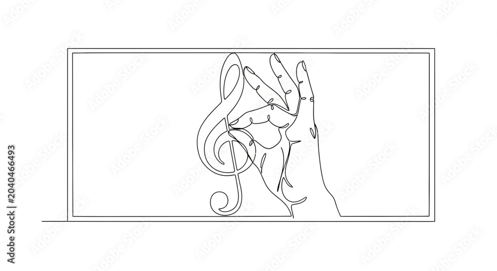 Obraz premium Hand holding a treble clef, continuous line drawing, music symbol, art concept