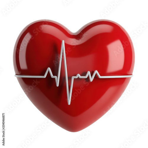 3D glossy red heart with white ECG line isolated on transparent background