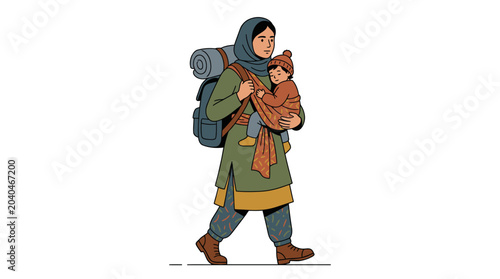 Afghan Mother with Baby and Backpack, Walking