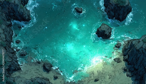 Aerial view of a serene coastal scene featuring turquoise water, rocky formations, and gentle waves lapping against the shore under bright sunlight