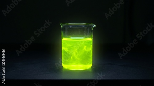 Glowing Neon Green Fluorescein Solution in Plain Glass Beaker - Fluorescent Chemical Effect Keywords