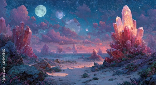 Fantasy landscape featuring large crystalline formations under a starry sky with multiple moons and distant planets, illuminated by a soft pink and blue glow