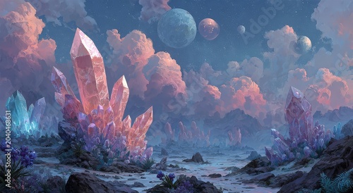 Fantasy landscape featuring large, colorful crystal formations under a starry sky with multiple planets and clouds in a surreal extraterrestrial environment
