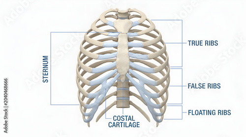 Precise anatomical illustration of the human rib cage structure, clearly identifying the sternum, costal cartilage, and the different types of true, false, and floating ribs for medical study