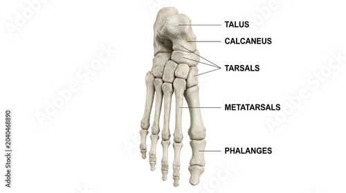 Anatomical illustration showcasing the bones of the human foot, labeled with key anatomical terms for educational purposes