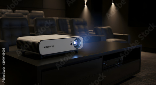 Modern projector on a dark coffee table in a home theater. A sleek white projector sits on a black coffee table, illuminating the room with a projection of a movie or presentation.