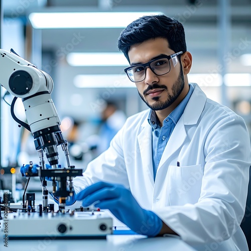 A man in a lab coat and goggles works with a microscope