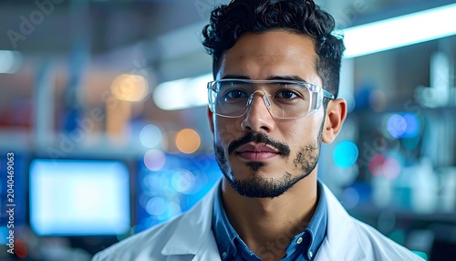 A man in a lab coat and safety glasses