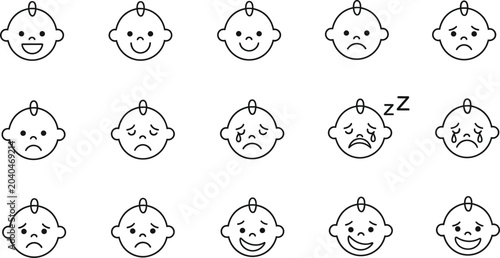 Tableau sur toile Line of 13 emoticon faces on white background, various expressions line expressi