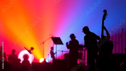Artistic composition of musical instrument silhouettes against a vibrant sunset-colored backdrop.