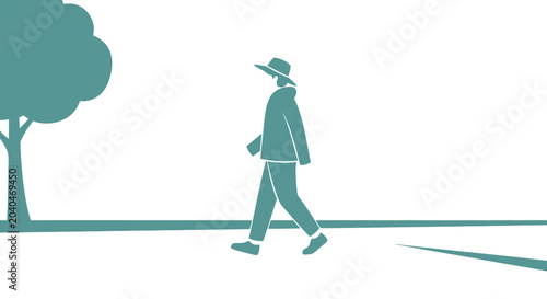 Photos Man walking alone on sidewalk path.