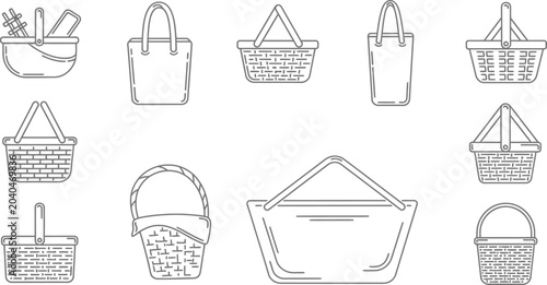 Slika na platnu Line of various baskets and bags, including wicker and handled tote styles totes