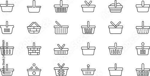 Tableau sur toile Line of various shopping baskets and hampers line black and white outline cartoo