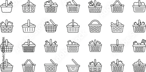 Line of various shopping baskets with contents line black and white outline basket shopping e-commerce symbols