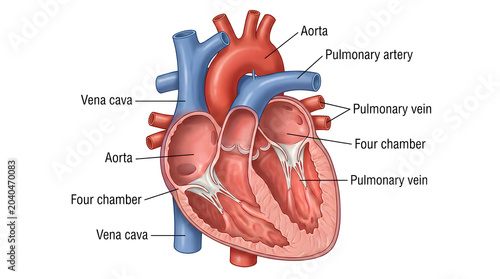 Anatomical illustration of the human heart, detailing its four chambers, aorta, pulmonary artery, pulmonary vein, and vena cava