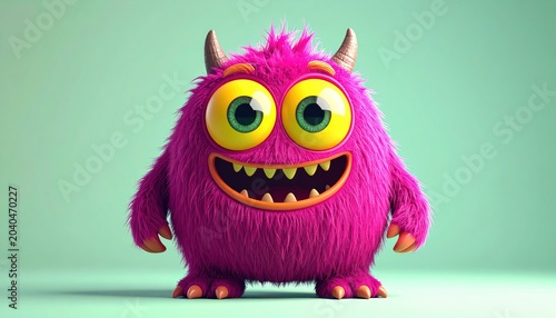 Cute Cartoon Monster with Horns and Big Eyes on a Green Background.