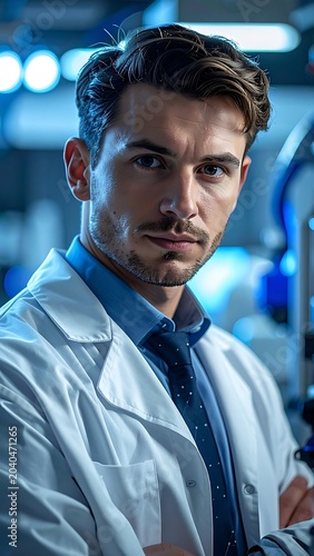 A man in a lab coat with a mysterious expression