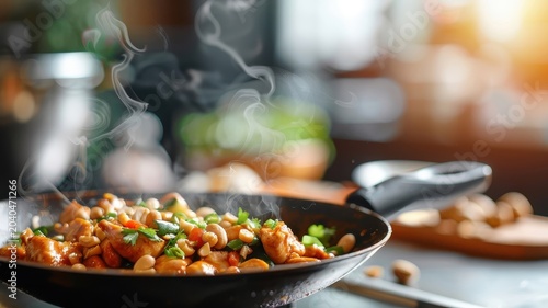 A sizzling wok with Kung Pao chicken, peanuts, and vegetables.