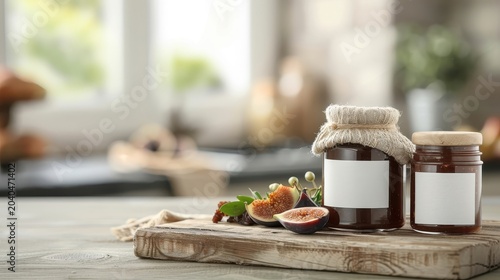 A rustic wooden cutting board with a variety of fig-based products.
