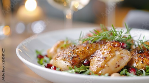A close-up of pomegranate molasses glazed chicken with crispy skin.