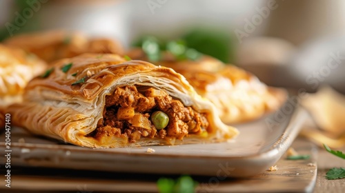 A close-up of a jackfruit curry puff with a savory filling.