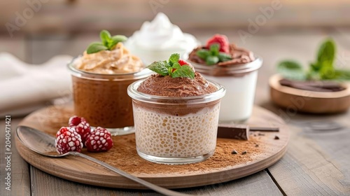 A platter of assorted puddings in glass jars on a rustic wooden table.