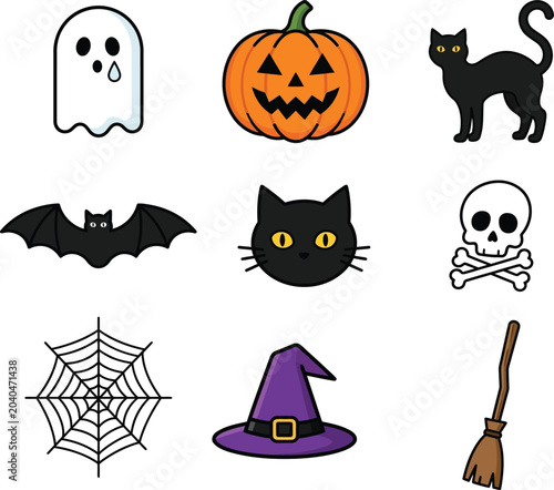 Set of isolated halloween icons. cute ghost, spooky pumpkin, black cat, bat, spider web.