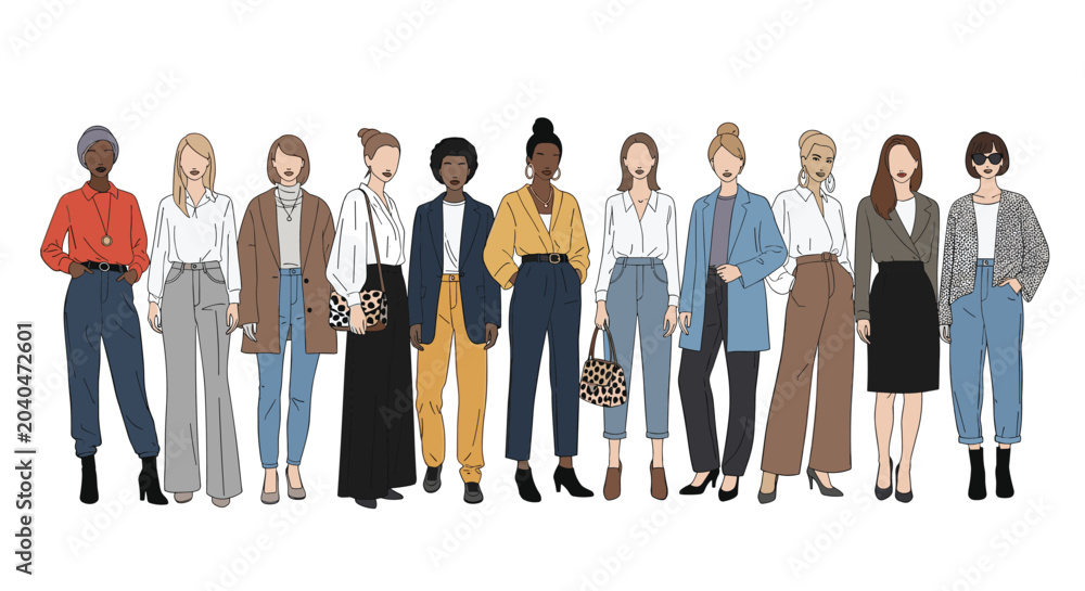 Obraz premium Large group of diverse women wearing various stylish casual and office outfits including trousers skirts and blazers for fashion.