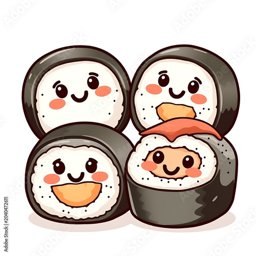 Cute cartoon sushi roll characters square group with character japanese restaurant delicious positive isolated background arrangement ingredient