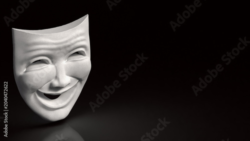 White Smiling Theater Mask in Darkness 3d render.