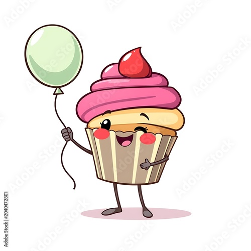 Happy kawaii cupcake cartoon character holding a light green balloon with character frosting cheerful celebration birthday illustration adorable whimsical childlike