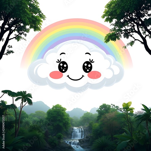 Cute cartoon cloud character floating above tropical waterfall jungle landscape with rainbow waterfall character landscape tropical environment illustration cheerful