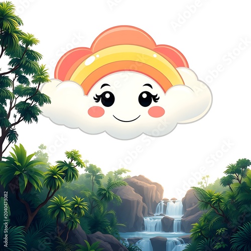 Happy cartoon cloud character floating above lush tropical waterfall landscape with soft light character waterfall landscape tropical environment illustration cheerful