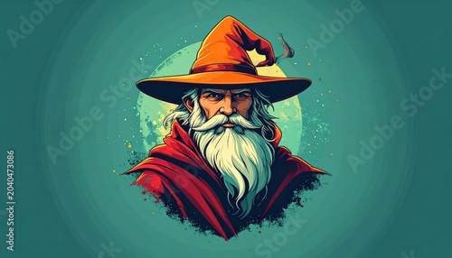 Mystical Wizard Portrait - A Wise Old Man with a Long White Beard and Orange Hat.