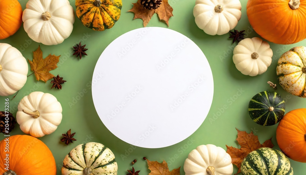 Fototapeta premium Pumpkins and Gourds Surrounding White Circle on Green Background.