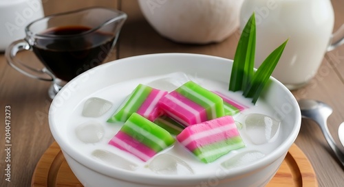Traditional southeast asian layered rice cake dessert in coconut milk