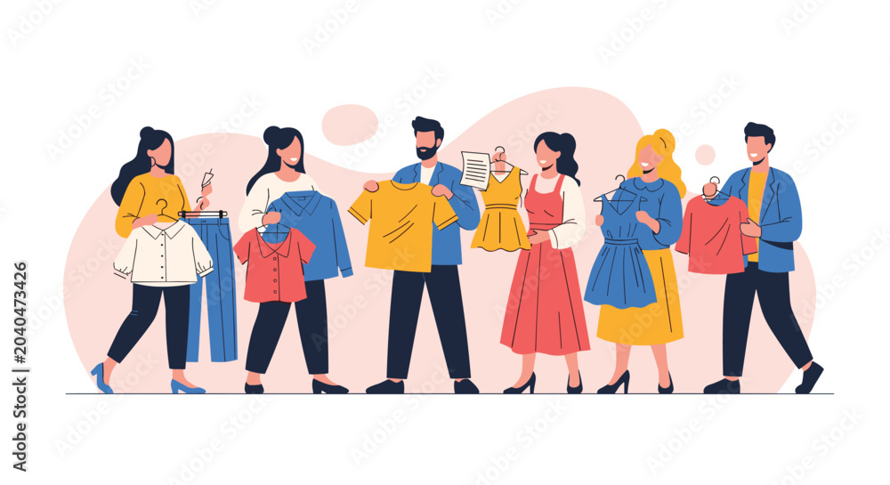 Fototapeta premium Group of happy friends holding up various clothing items like shirts and dresses illustrating a fashion shopping or thrift theme.
