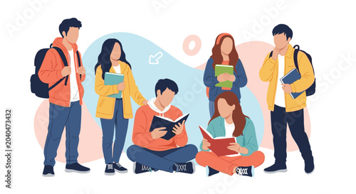 Diverse group of university students studying together with books and backpacks while sitting on the ground and standing up.