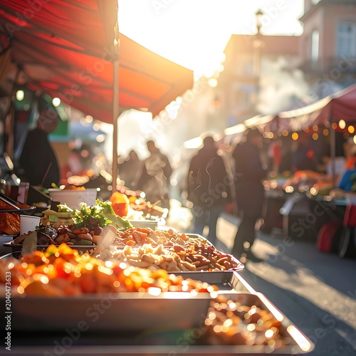 A bustling outdoor food market with vibrant stalls and shoppers