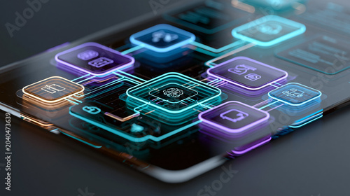 Smart Device Screen with Futuristic Icons and Holographic Interface