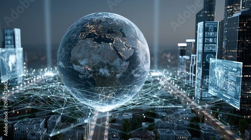 Glowing Digital Earth Above Smart City with Network Connections at Night