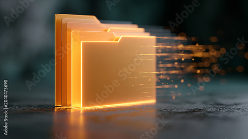 Digital Document Storage Concept with Bright Orange Folder and Speed Lines