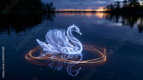 Glowing White Swan Shape Floating on Dark Lake with Golden Light Rings